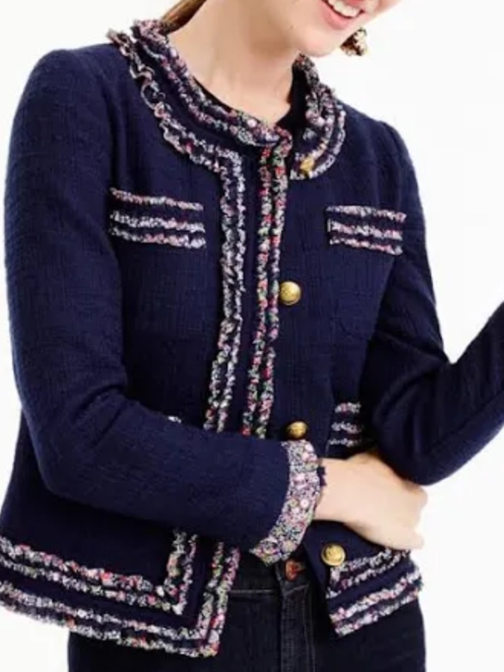 J. Crew Navy Tweed Jacket with Multicolor Trim